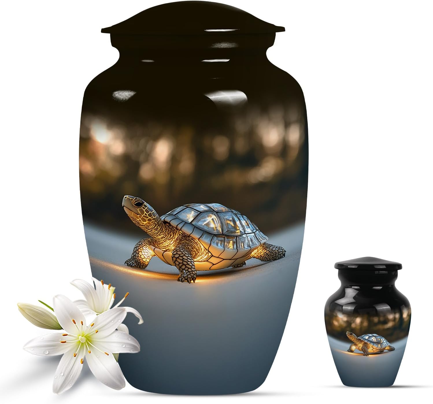 Turtle Haven Urn Combo - Black Aluminum Polished Unique Turtle Pattern - Decorative Urn for Adult Ashes - 1 Large (10 Inch, 200 Cubic Inch) & 1 Small (3 Inch, 2 Tablespoon) Keepsake Urn