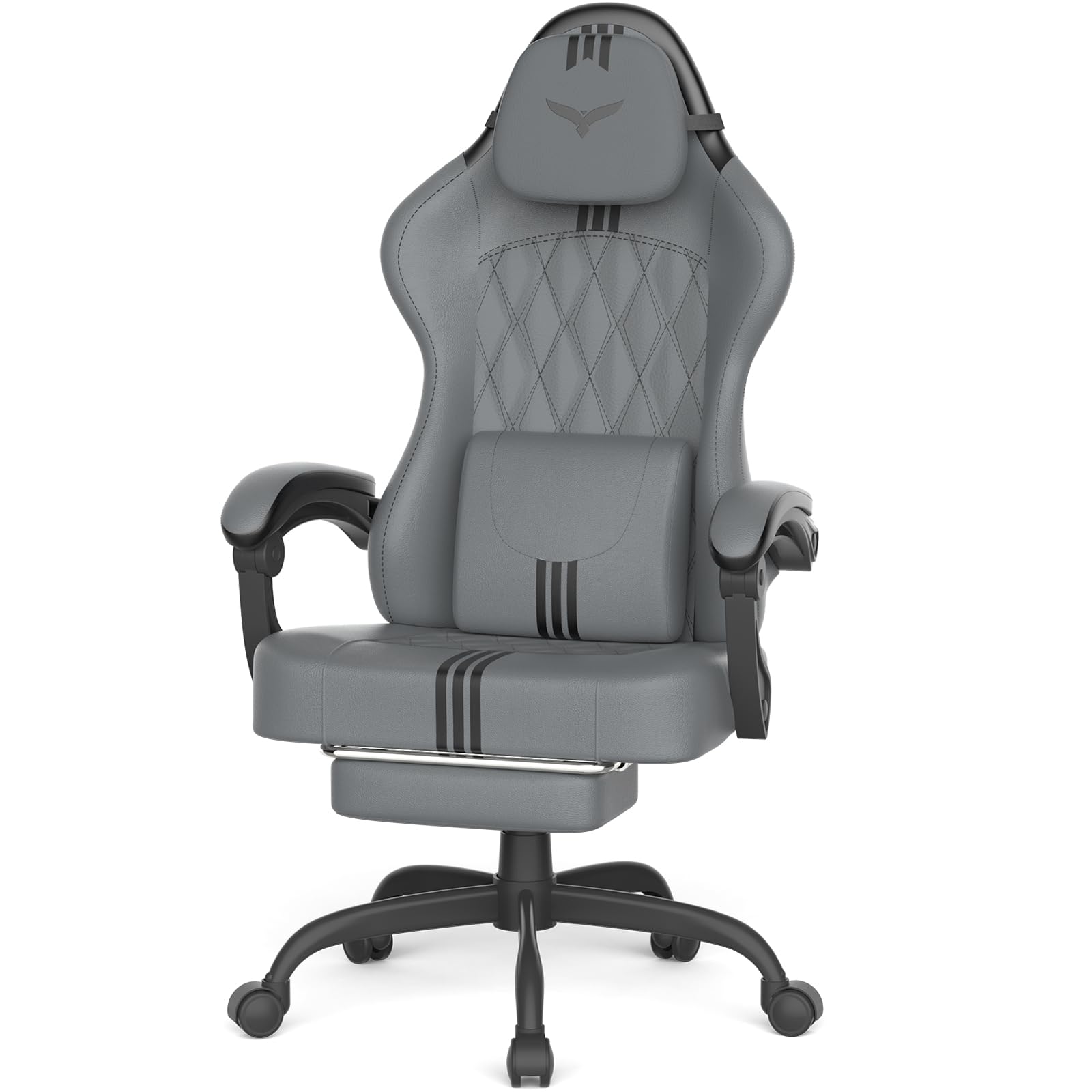 Ferghana Sedia Gaming Ergonomica - Pelle PU Facile da Pulire, Supporto Lombare, Poggiatesta, Poggiapiedi, Altezza Regolabile, Girevole, Adatta Anche Come Sedia Ufficio, Scrivania, PC (Grigio-Nero)