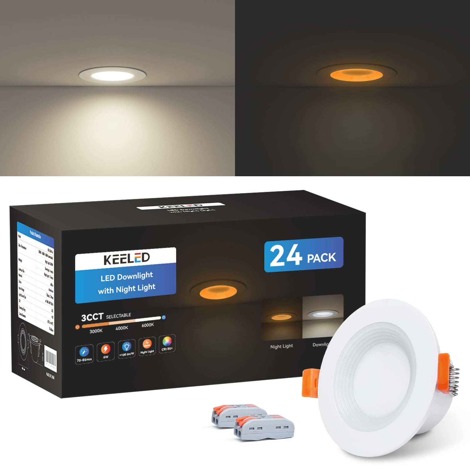 KEELED Einbaustrahler LED 230V 6W, mit Nachtlicht 1.5W, Spots Deckenleuchte 3000K/4000K/6000K Wählbar, Schnittloch 70-85mm, IP44, Gehäuse aus Aluminiumdruckguss, 24er Set