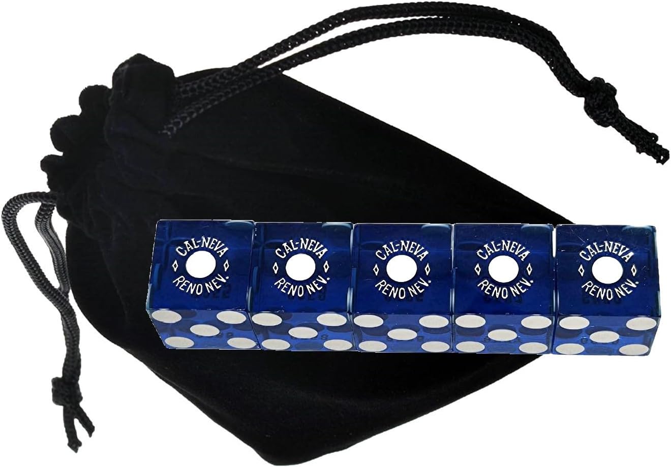 Authentic Casino Dice w/Pouch + Genuine Leather Cup Wide Opening (Red Felt Lining, Reno Cal Neva Best Best Blue Polished)