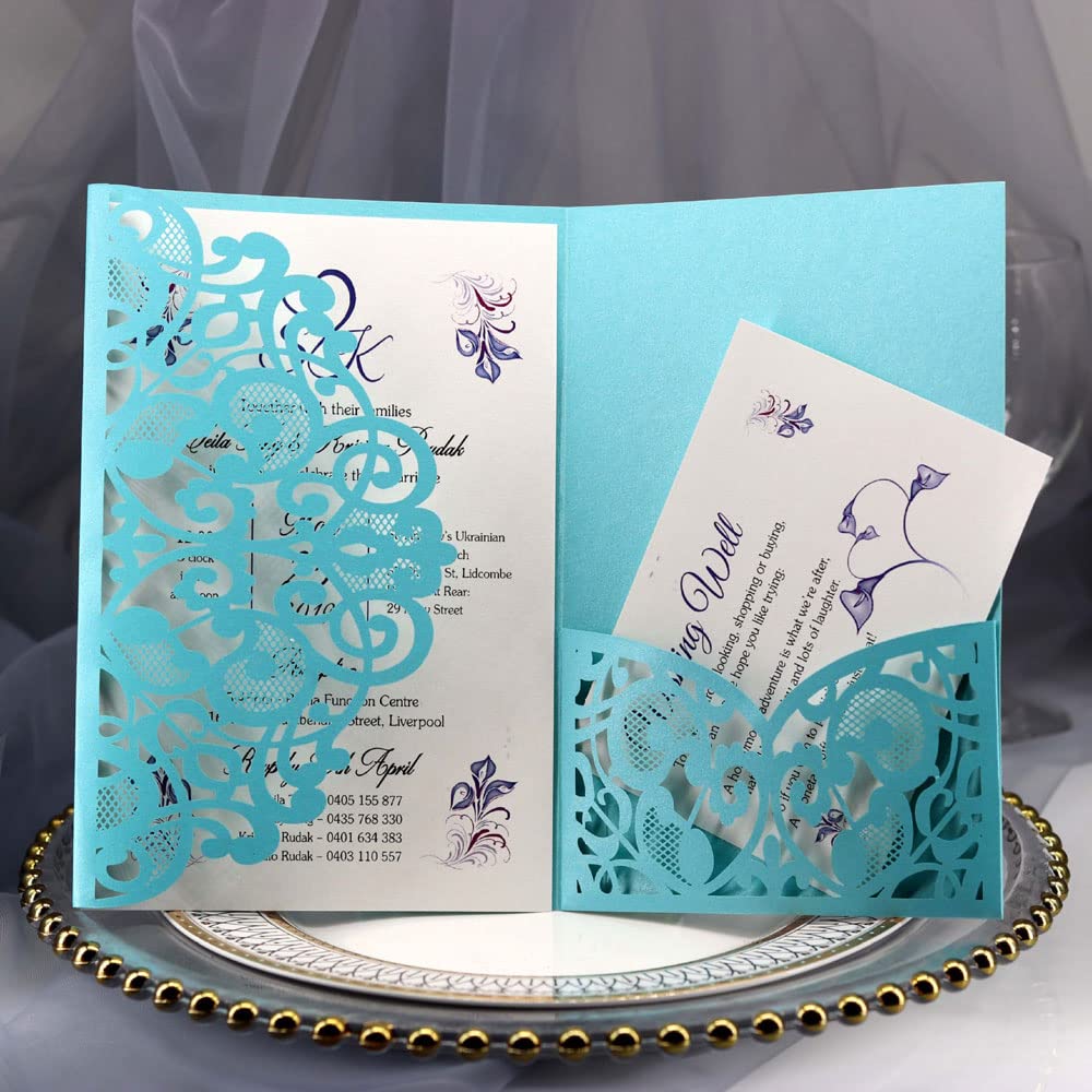 Delikatna romantyczna karta z zaproszeniem na przy Koperty - 50 sztuk zaproszeń czystych - personalizowane zaproszenia papierowe na przyjęcie zaręczynowe lub eleganckie zaproszenia(Light Blue,Blank)
