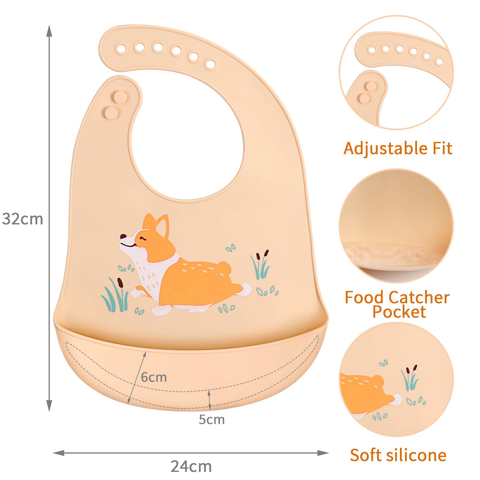 ABirdon Bavaglino Silicone, Impermeabile, Facili da Pulire, Lavabile, BPA Free, 6 Dimensioni Regolabili Bavaglini Silicone Morbido con Raccoglipappa per Ragazzi e Ragazze