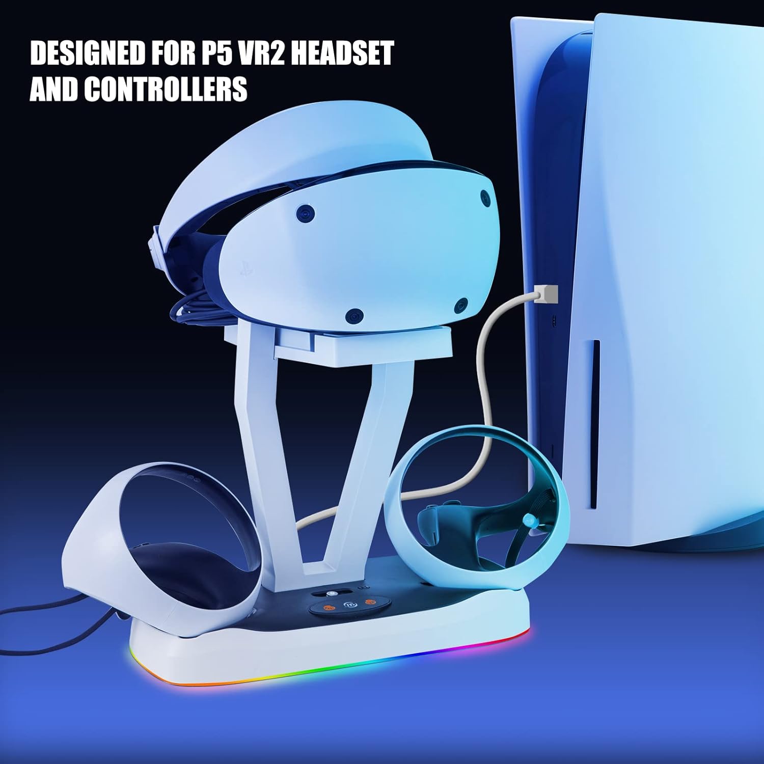PS VR2 Charger, PSVR 2 Controller Charging Dock with VR Headset Holder Display Stand and RGB Light, Charging Station for PS5 VR2 Accessories with Led Indicator, Type-C Cable and Magnetic Adapter