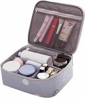 Polyester Makeup Kit Storage Organizer Cosmetic Travel Toiletry Vanity Bag with Adjustable Compartment Zip Pocket Makeup Brush Holder, Waterproof Portable (24 x 20 x 8.5 cm) Gray Circles-picture-14