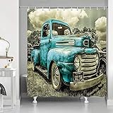 NYMB Antike Auto-Duschvorhänge, Custom Vintage Old Truck Car Decor, Polyester Stoff Blau Rustikaler Traktor Duschvorhang-Set Fantastische Dekorationen Landhaus-Badvorhang, 175 x 178 cm (blau)