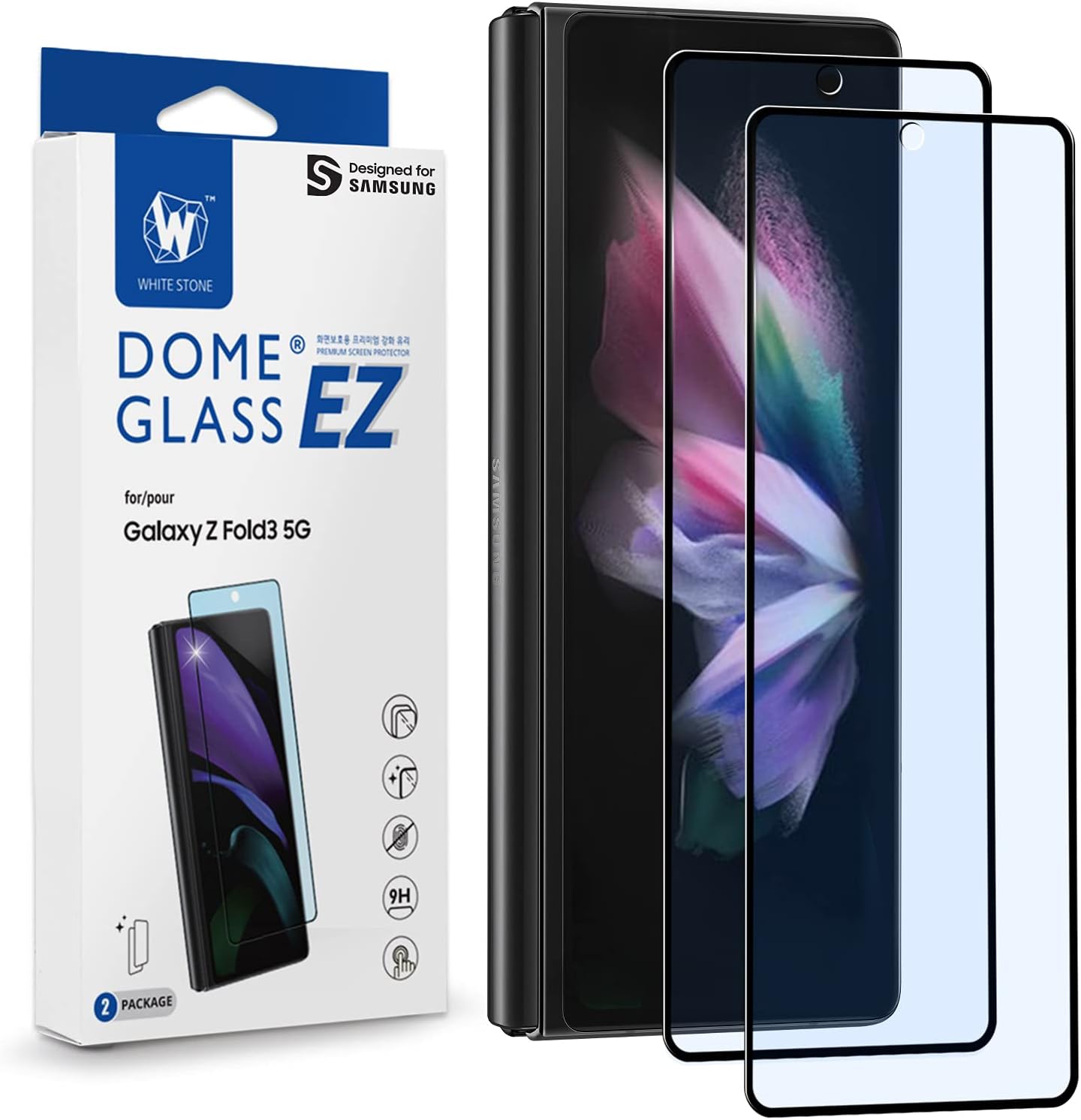 Whitestone 2PACK EZ GLASS Screen Protector for Galaxy Z Fold 3 2021, Full Coverage Tempered Glass Shield [Easy Install] - Two Pack
