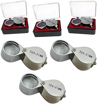 3 Pieces 10X / 20X / 30X Jeweler Loupe Glass Diamond Loupe Metal Round Body Jewelers Eye Loupe Magnifier Magnifying 21mm Lens Diameter Silver Color