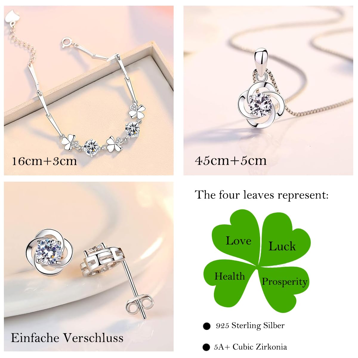 Kamise Schmuckset Damen Silber, 925 Sterling Silber Klee Halskette Ohrstecker Armband Set, Anhänger mit 45cm Silberkette & Ohringestecher & Armkette mit Weiß Zirkonia, schmuckset mit Geschenkbox