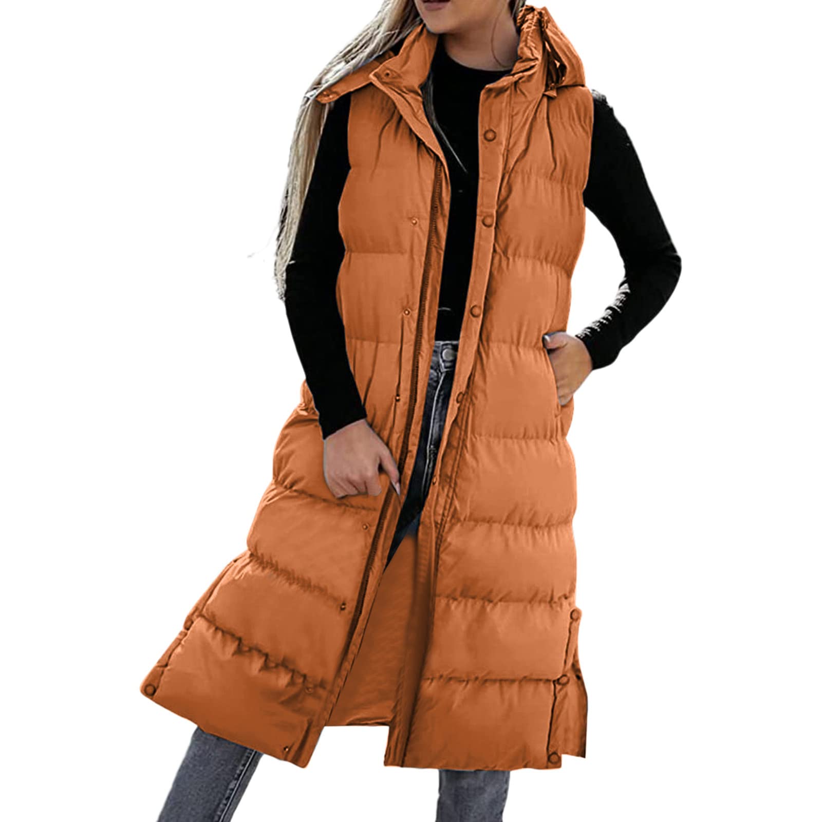 Chaleco largo de plumón para mujer, chaleco acolchado con capucha, chaqueta acolchada sin mangas, chaleco ligero a prueba de viento, chaleco con capucha para mujer, chaleco largo sólido, chaqueta de