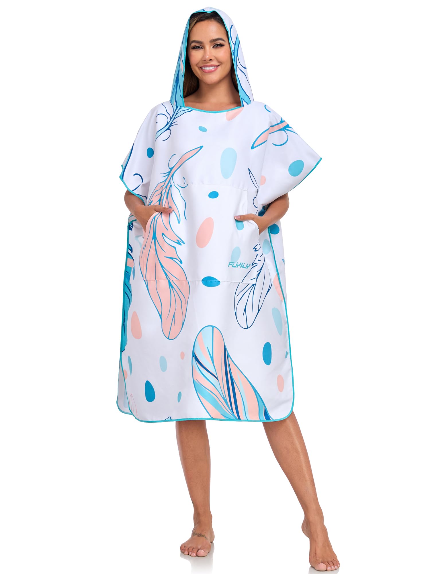 FLYILY Changing Towel Poncho Hooded light weight Microfiber surf wetsuit changing with pocket, Adults/Kids beach swimming changing towel (Feather, Large(Fit for Adult))