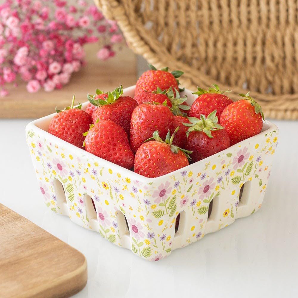 Ceramic Berry Basket with Daisy & Duck Print Ceramic Decorative Fruit Bowl Container, Farmhouse Kitchen Storage for Sweets Holding Special Bits, Bobs Kitchen Decor
