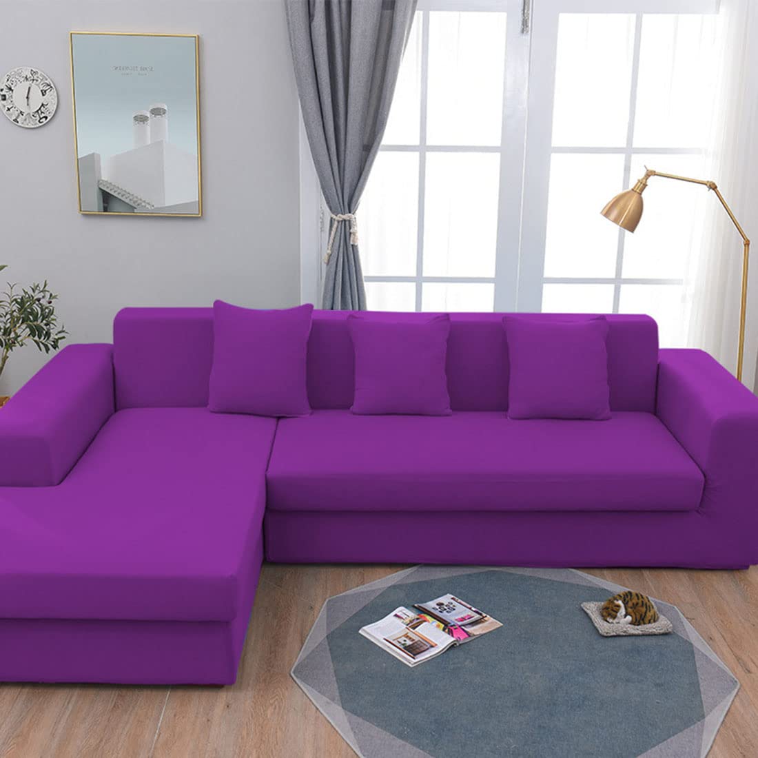 Housse extensible pour salon canapé en L violet foncé 3 places