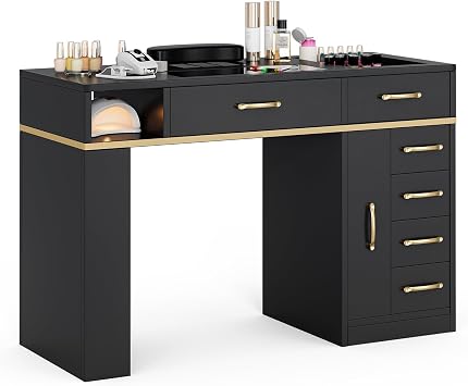 Paddie Manicure Table with Dust Collector, Glass Top Nail Tech Table Nail Desk Station w/7 Storage Drawers & 3-Tiers Open Shelves, Nail Beauty Workstation w/Wrist Cushion & Golden HandlesBlack