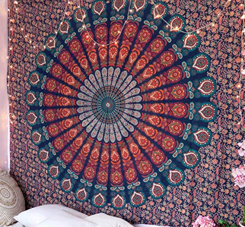 NOKHWAL Bedsheet Tapestry Wall Hanging Mandala Tapestry Handmade Printed Design Cotton Wall Hanging Tapestry Wall Hanging Wall Décor Poster (I, 84x54 Inches)