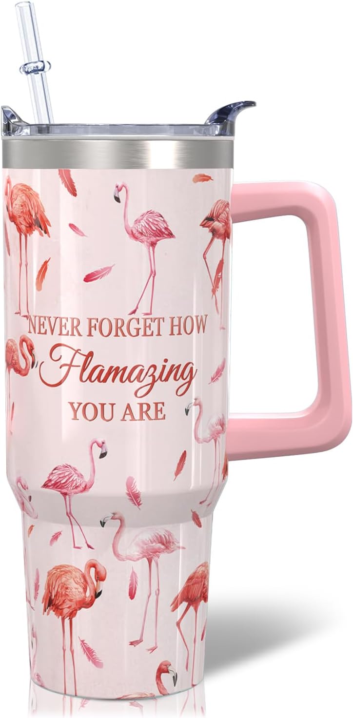 30oz Flamingo Gifts - Flamingo Tumbler Insulated Double Wall Stainless Steel Cute Coffee Cup Tumbler with Handle and Straw