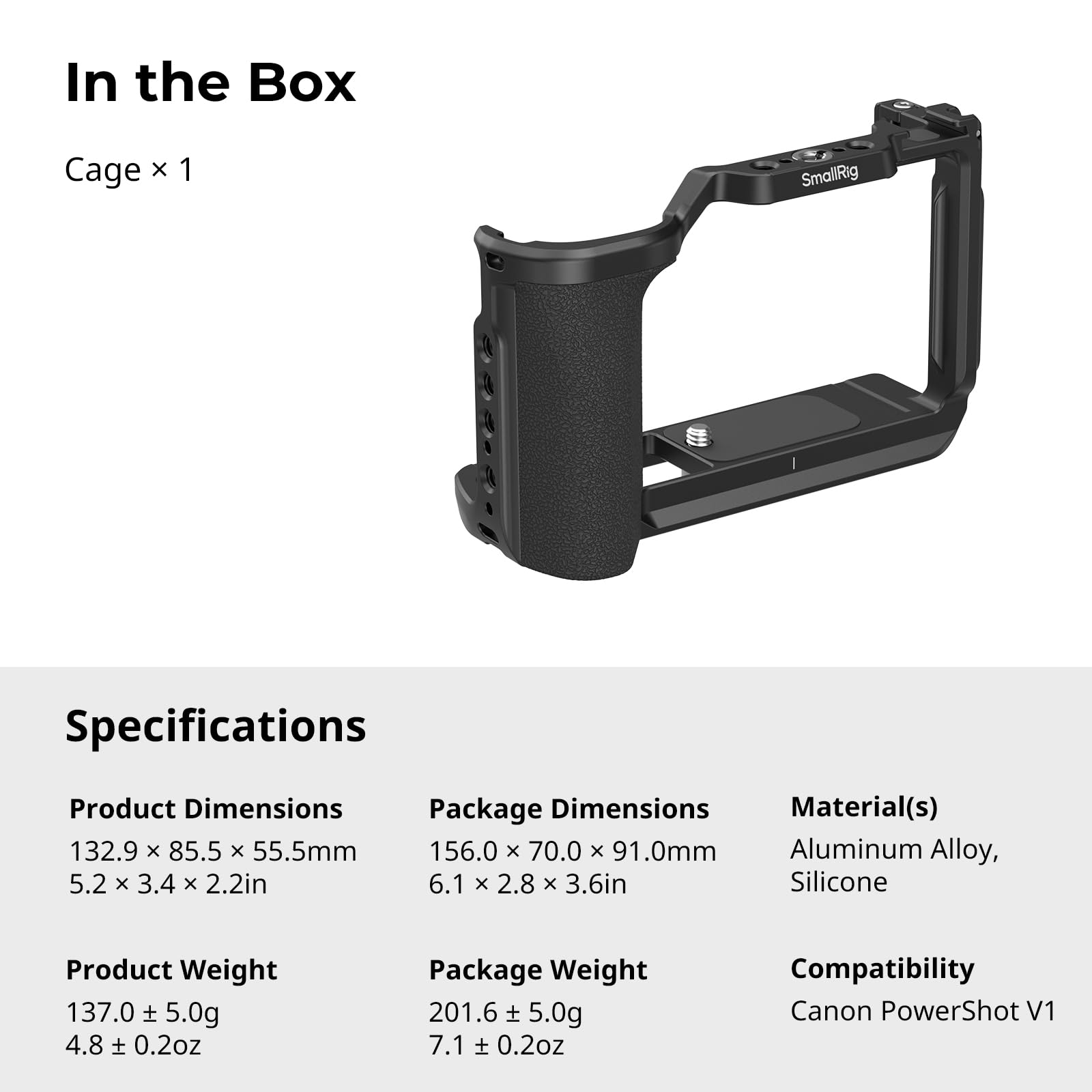 SMALLRIG Jaula para Canon PowerShot V1 con Empuñadura de Silicona, Placa QR para Arca, Roscas 1/4"-20 y Zapata Fría (Negro) - 5807