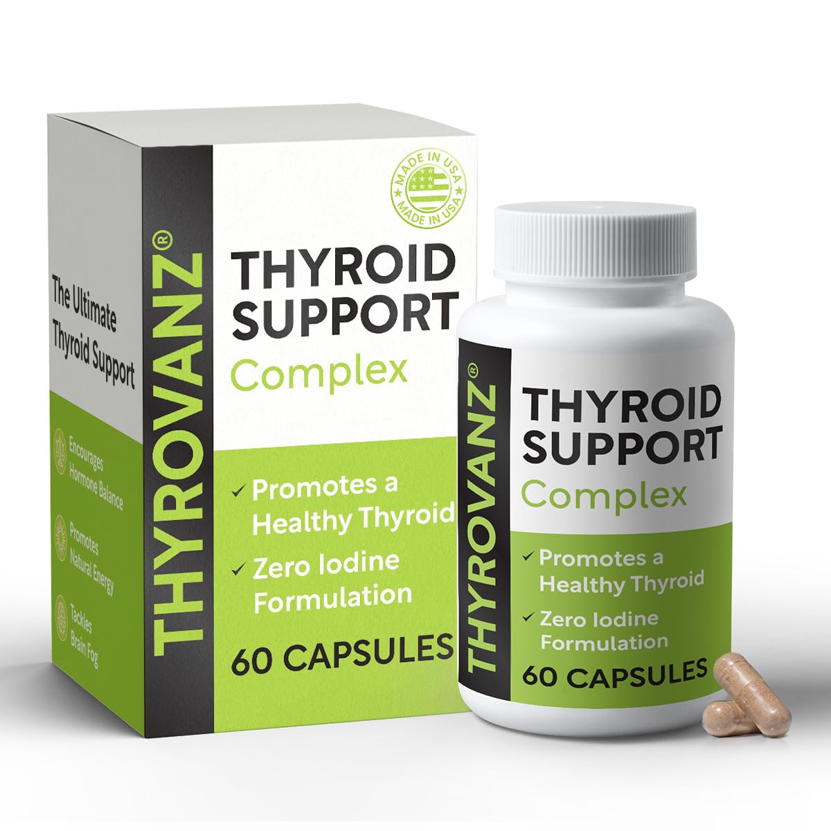 THYROVANZ Thyroid Support Complex (60 Capsules) for Women & Men, 0% Iodine, Boosts Mood & Energy, Fights Brain Fog & Stress, Includes B Vitamins, Non-GMO, Made in USA