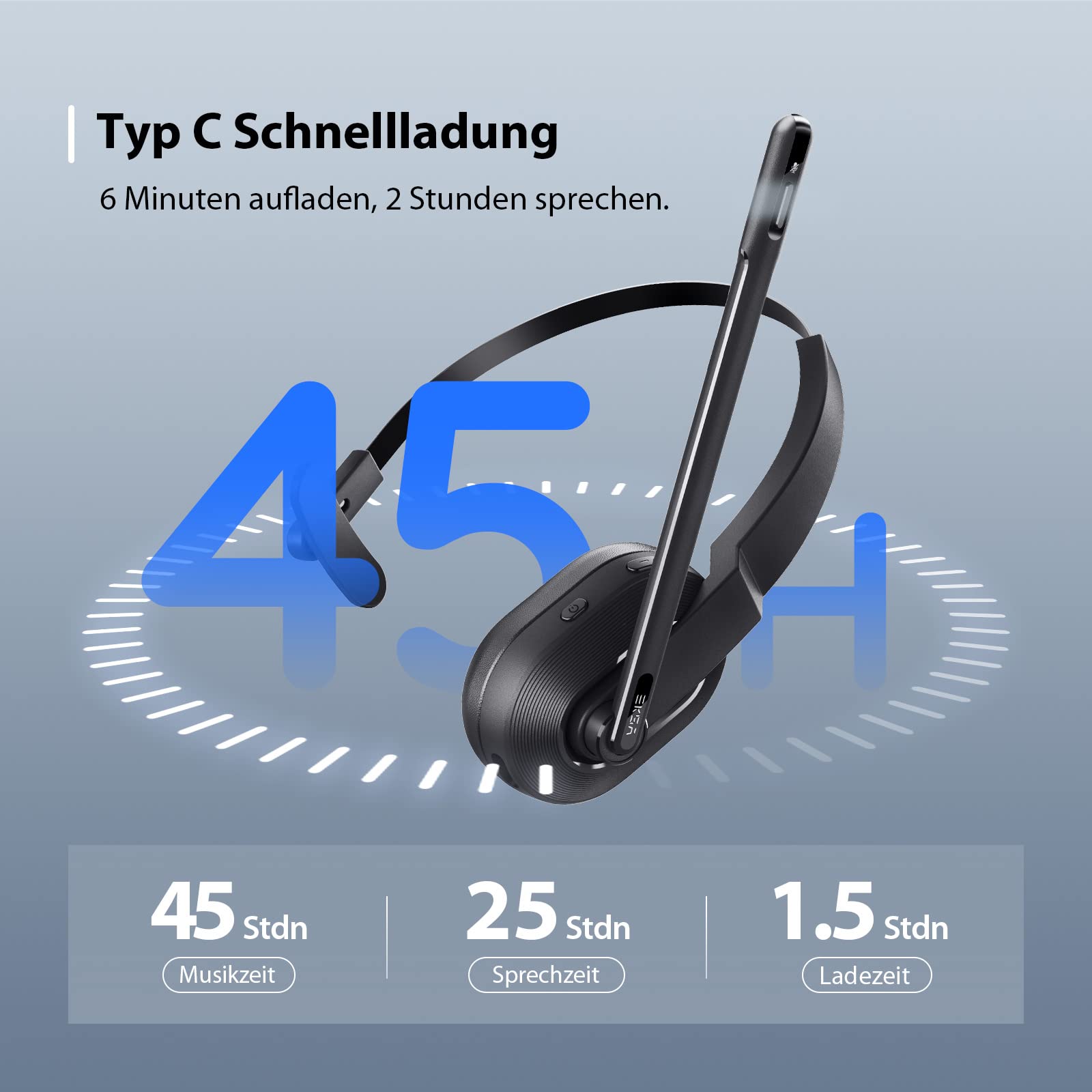 EKSA H5 Bluetooth PC Headset mit Mikrofon & USB Dongle [45 Stdn Spielzeit & 10M Reichweite] Mono mit Ladestation & AI Rauschunterdrückung Mic, Wireless Business Headphones für Büro/HomeOffice