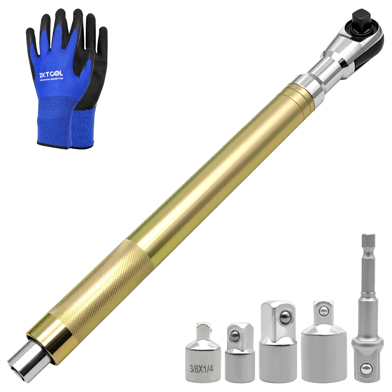 ZKTOOL Estensore per chiave offset, chiave a percussione da 1/2", estensore a cricchetto resistente, estensore per chiave a catena, con adattatori da 1/2", 1/4", 3/8", adatto a prese standard