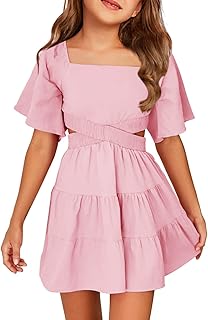 Girls Summer Dress Square Neck Short Sleeve Crossover Waist Casual A-line Mini Dress - Buy now