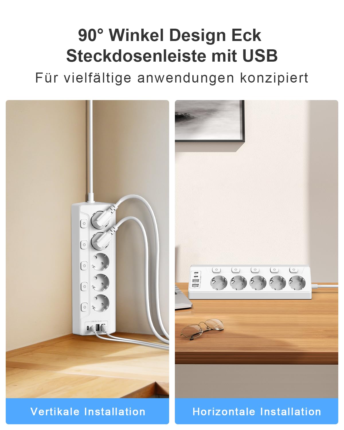 Regleta de esquina con interruptor independiente, regleta con 4 USB (2 USB C)+5 enchufes con seguridad para niños, 3680 W, cable de extensión de 2 m para cocina, oficina, hogar (color blanco)