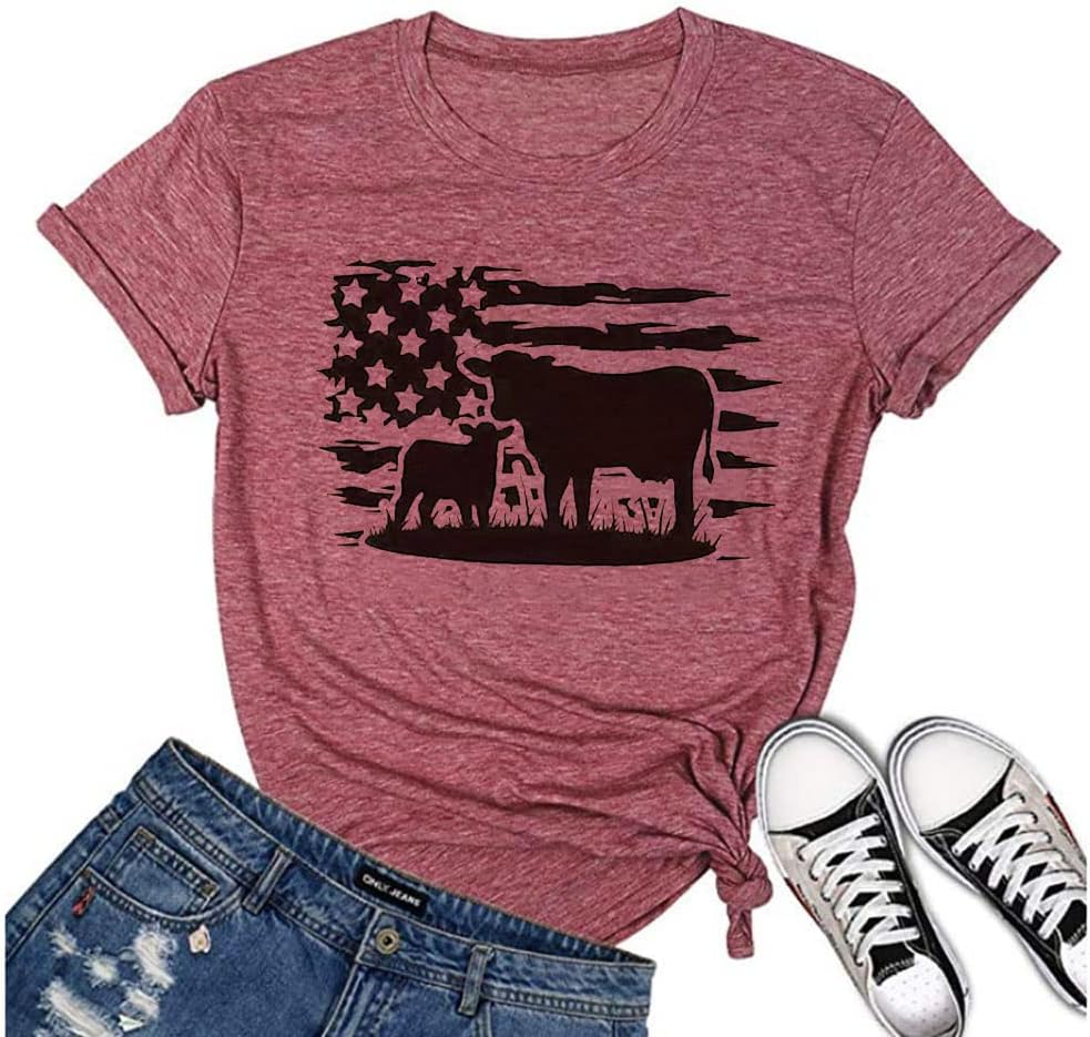 SUTEFAYECOCow Shirt for Women Funny Animal Graphic Cattle Cowgirl Tshirt Casual Farm Life T-Shirt Short Sleeve Vacation Tops