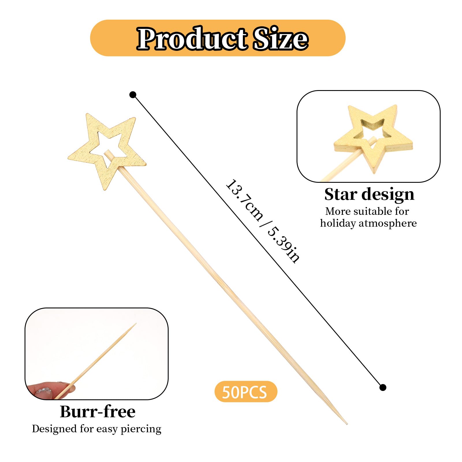 50PCS Gold Star Bamboo Cocktail Picks, 5.5 Inch Christmas Fancy Toothpicks for Appetizers, Long Decorative Cocktail Picks for Party Decoration, Appetizer Skewers for Charcuterie Sandwich Burgers Fruit