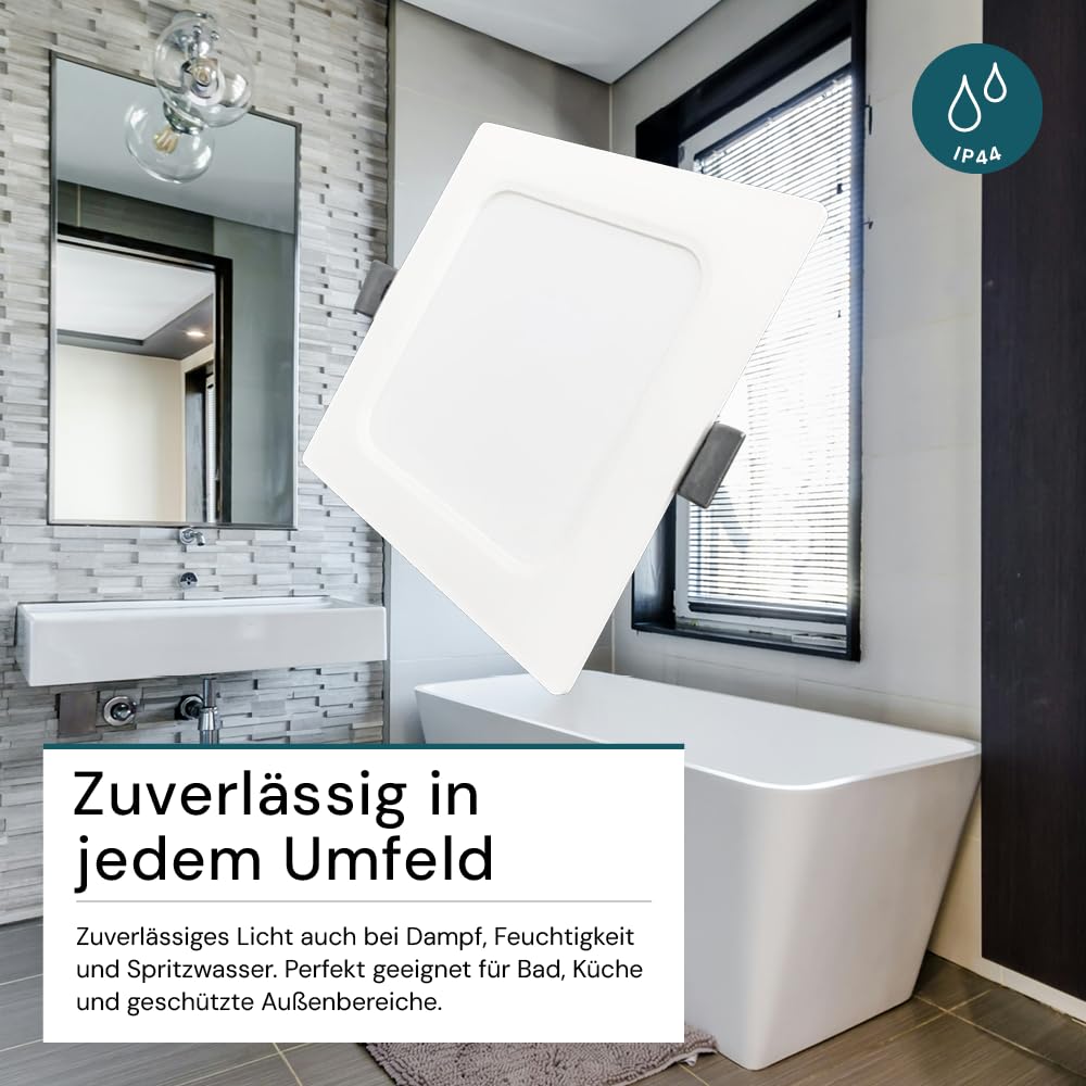 LUXULA LED Einbauleuchte eckig Weiß, 6 Stück 220x26mm, 18W 1800lm, IP44 Einbaustrahler flach CCT 2700K 4000K 6000K einstellbar, LED Deckenstrahler Einbauleuchte 230V Bad, Küche & Innenräume