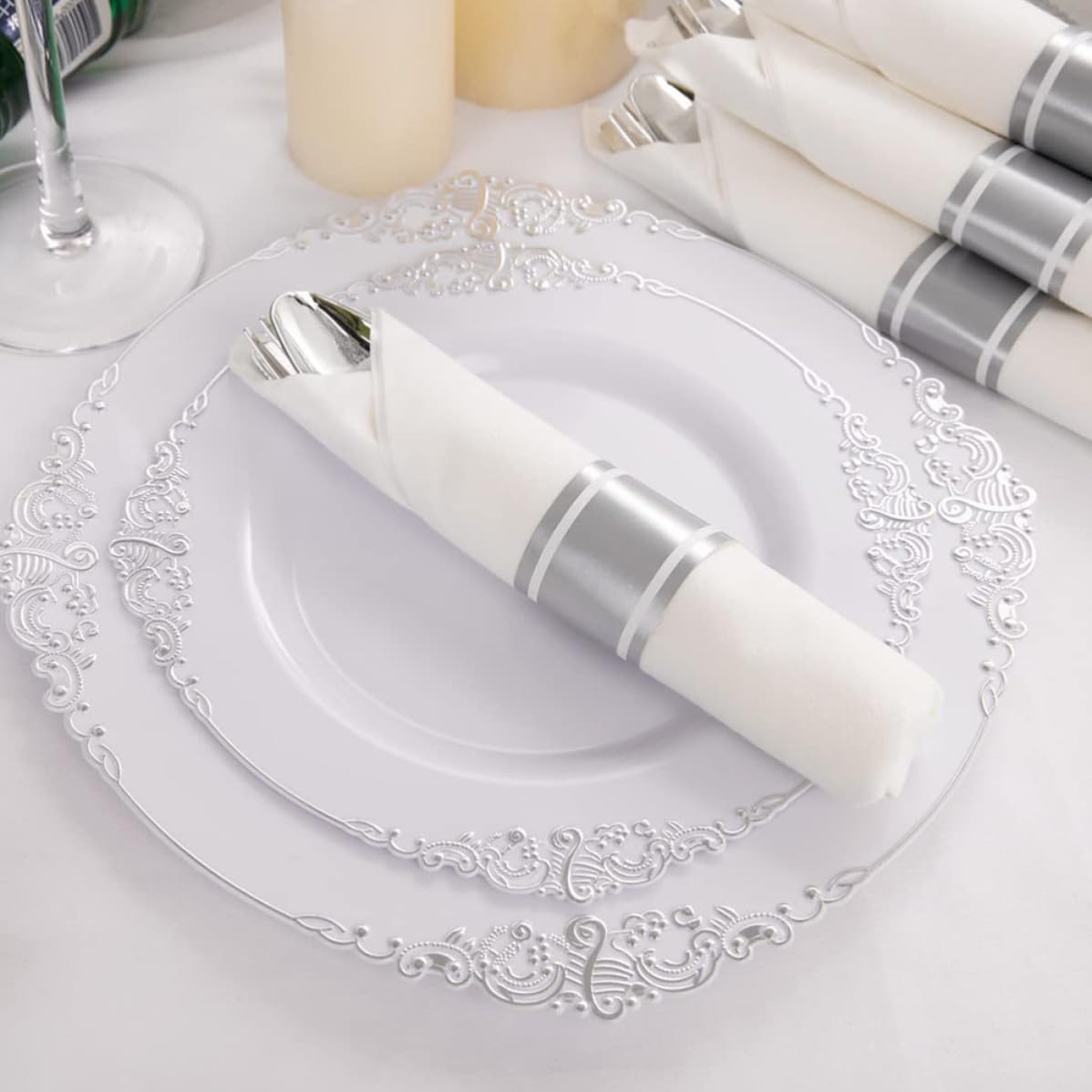ULTECHNOVO 2 Sets Disposable Cutlery Set with Fork Spoon and Napkin Silver Plastic and Paper Party Tableware Kit Ergonomic Design Practical for Eating at Home or Office