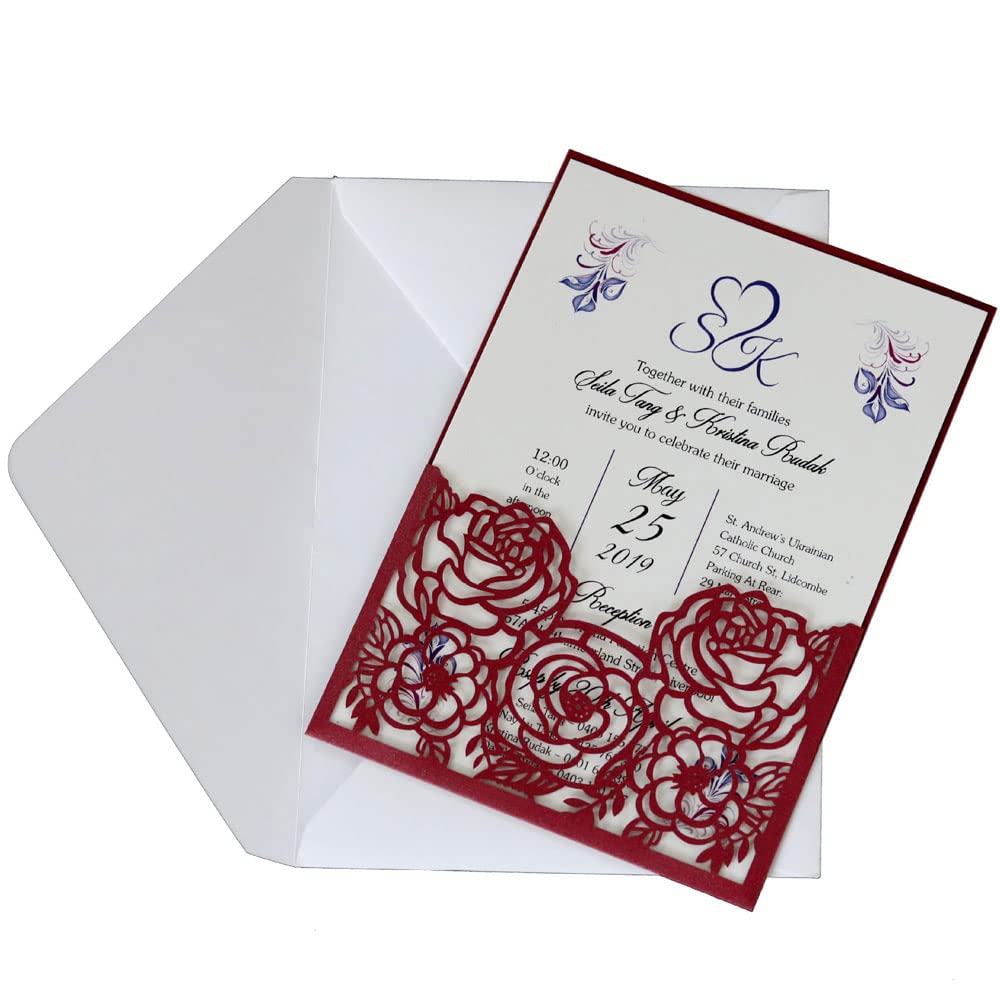 Invitations Mariage découpées au Laser Dentelle Bordeaux Haute Qualité