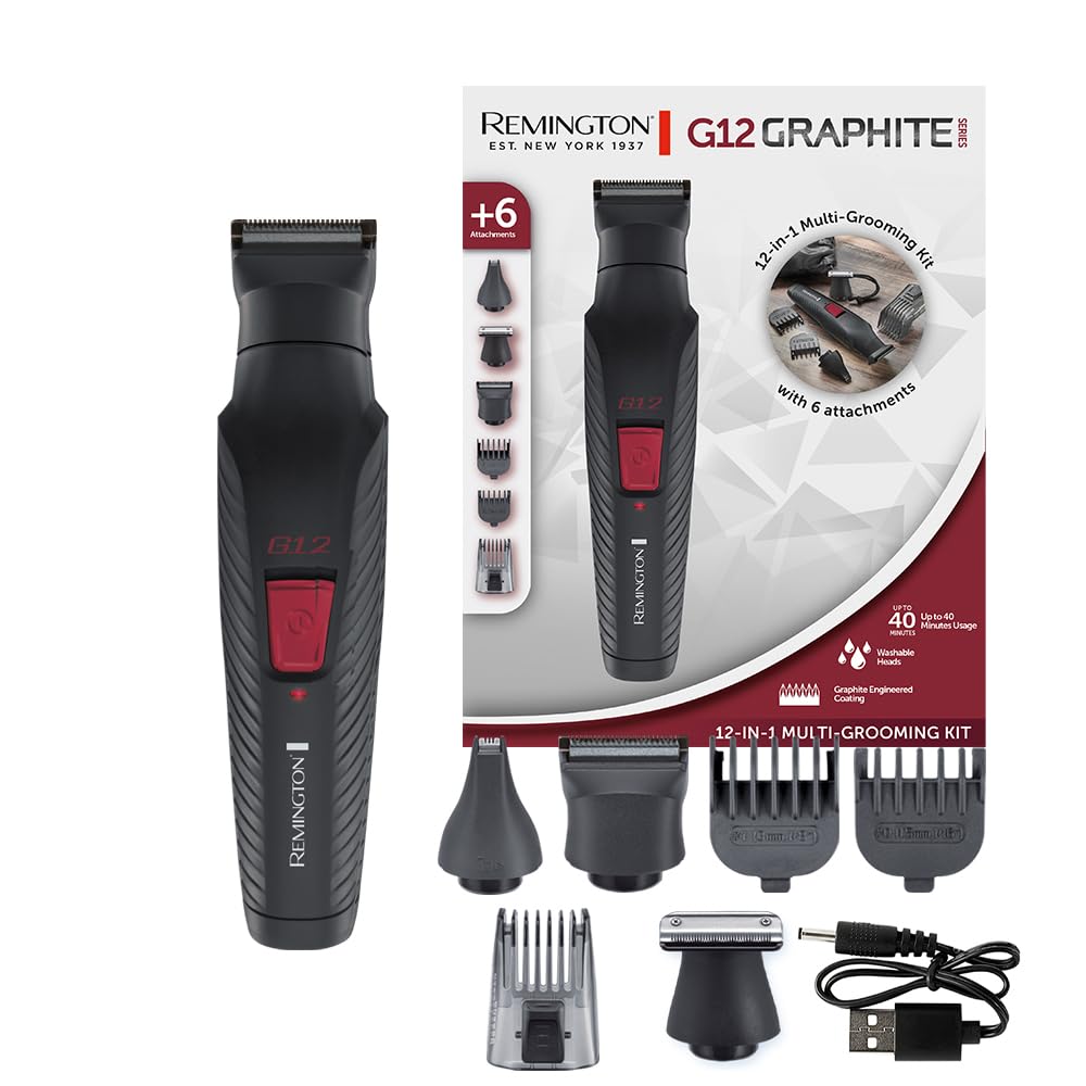 Remington G12 PG2120 Recortadora Barba y Cortapelos 12 en 1, 6 accesorios, recortador vello facial, de precisión, recortador nariz, orejas y cejas, revestimiento de grafito, cuchillas autoafilables