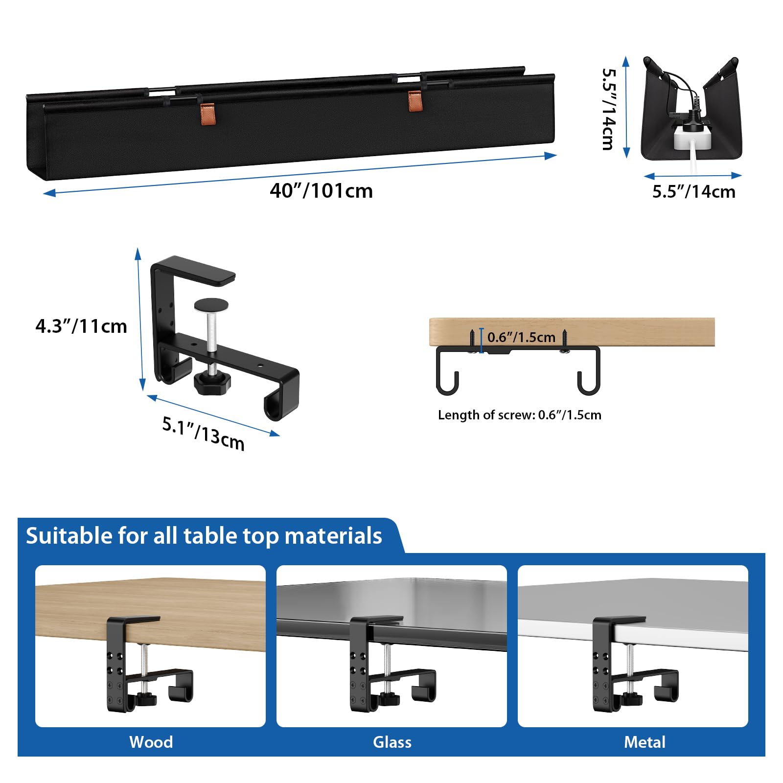 Zilink Kabelmanagement-Tablett ohne Bohren unter dem Schreibtisch, 101,6 cm, Kabel-Organizer für Tischklemme/Schraubbefestigung, Premium-Stoff-Kabelmanagement-Tablett für Zuhause, Büro
