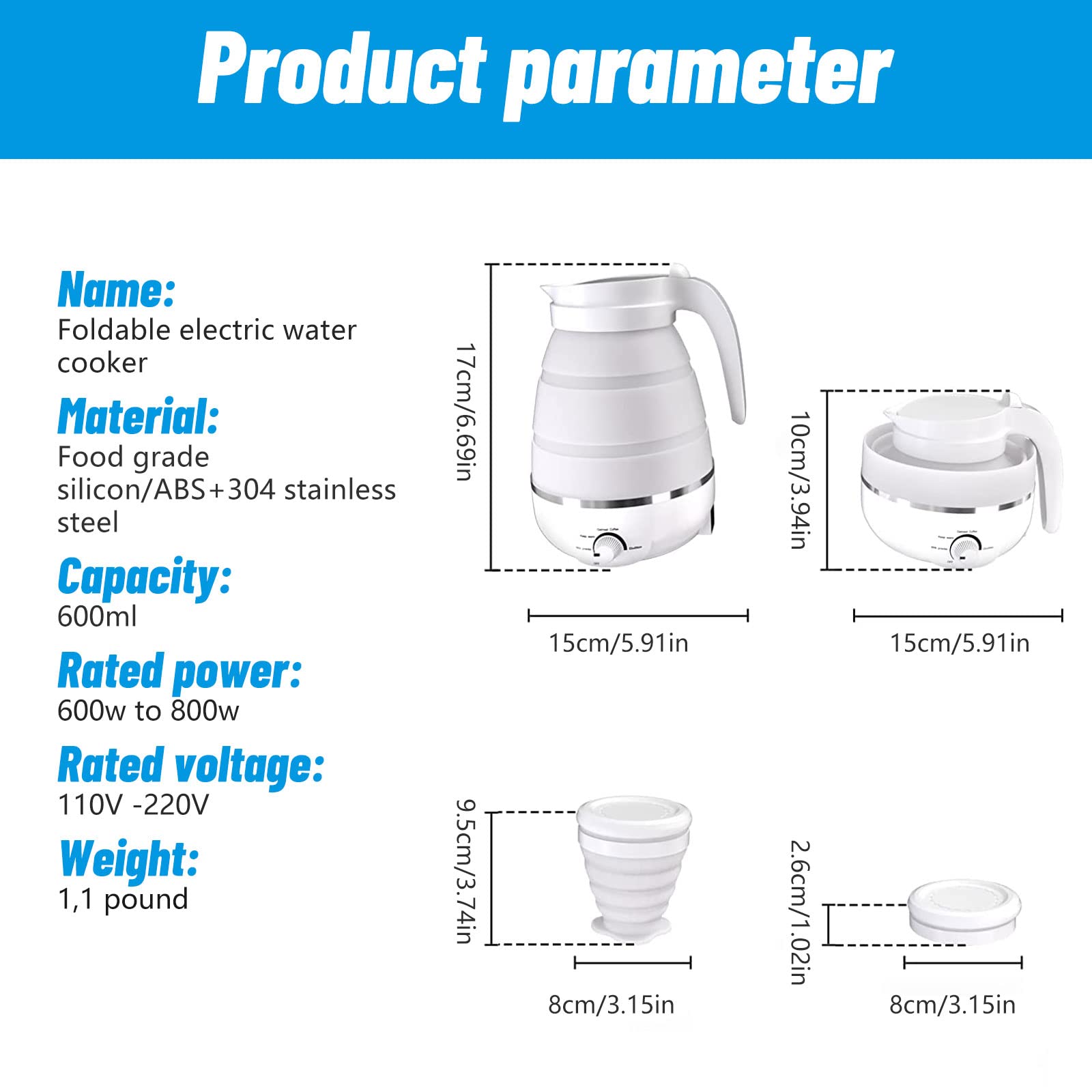 Qivine Collapsible Travel Kettle, Silicone Portable Water Boiler, 600ML, Foldable Electric Pot for Boiling Water, Small Camping Kettle for Tea Coffee, White