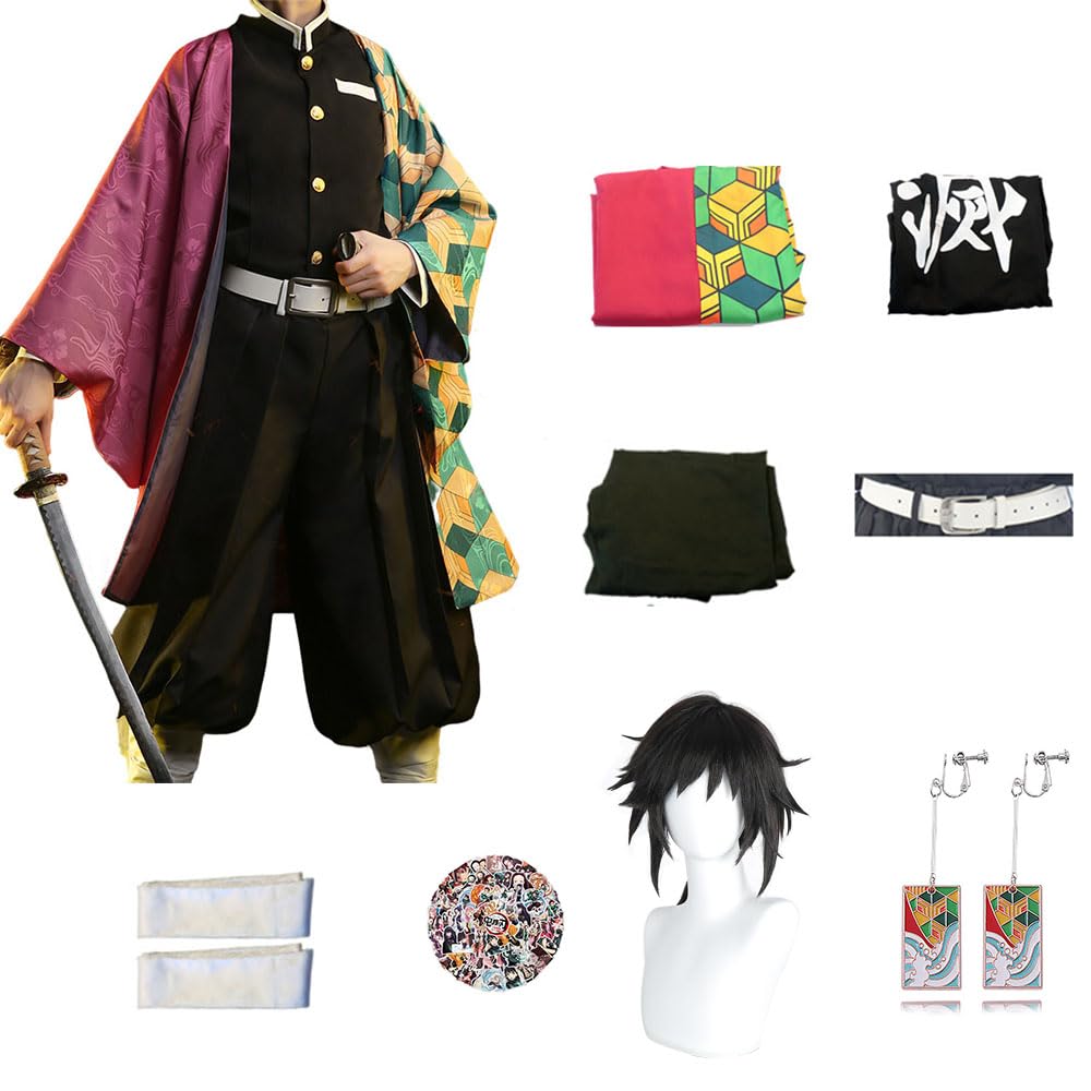 Anime Demon Kimetsu Tomioka Giyuu Disfraces de Cosplay Peluca de tensión Completa de Mitsuri para Accesorios de Kimono de Halloween Uniforme de Traje para niños, XXL