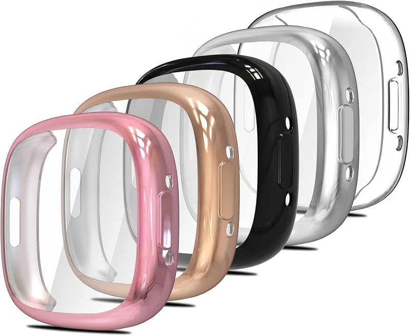 Simpeak 5-Pack Screen Protector Compatible with Fitbit Sense 2/Versa 4 Smartwatch, Soft TPU Plated Bumper Case Cover Compatible with Fitbit Versa 4/Sense 2, Clear/Black/Silver/Rose Gold/Pink
