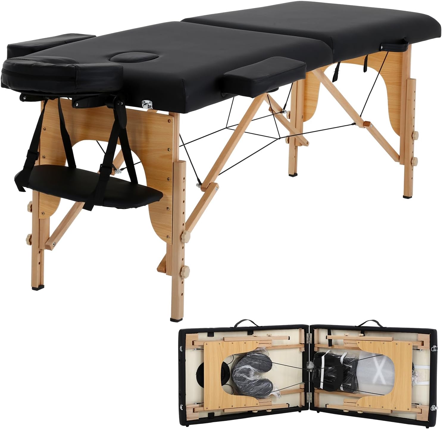 Dkeli Portable Massage Table Spa Bed Foldable 73 Inch Height Adjustable Massage Bed with Solid Wooden Legs and Carry Case Tattoo Salon Table Bed Hold Up to 450LBS