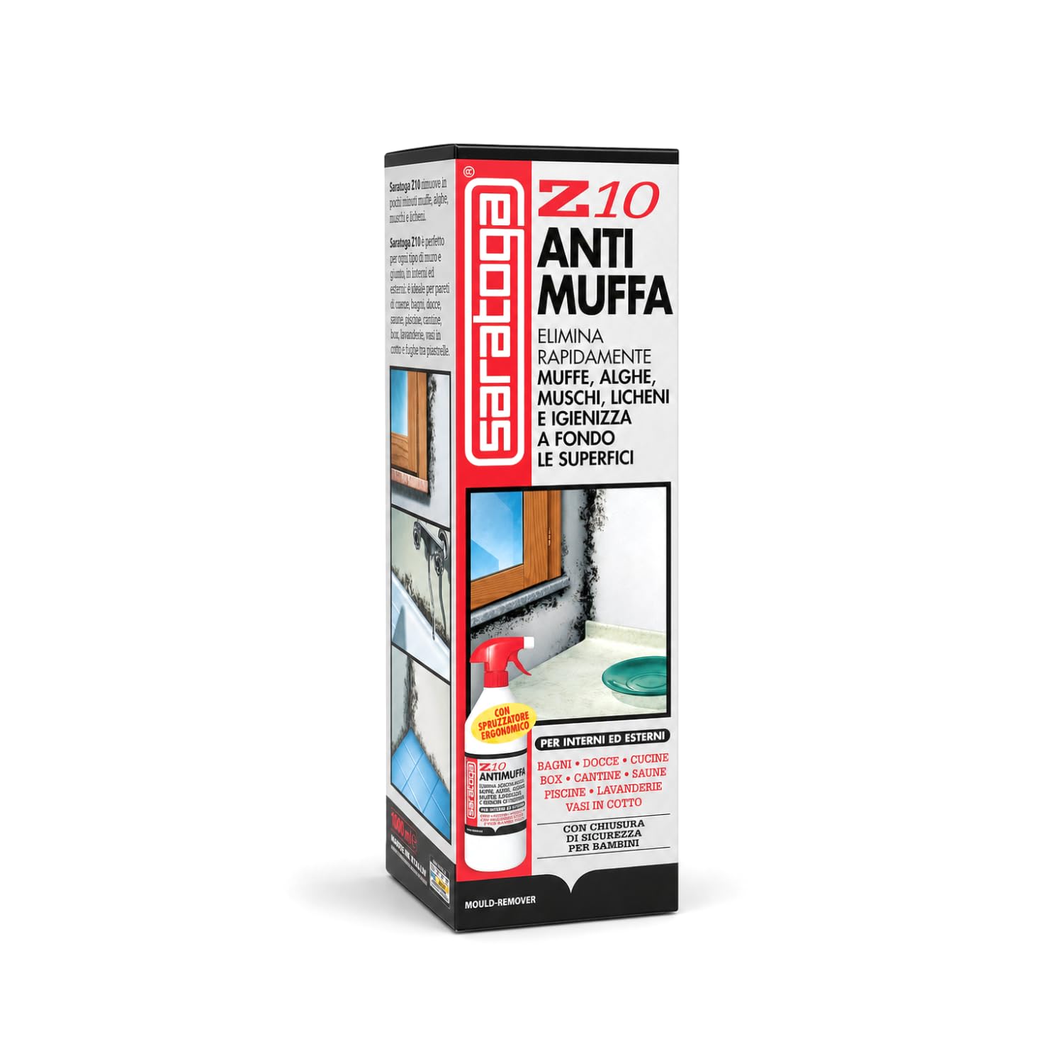 SARATOGA Spray Antimuffa Saratoga Z10 Elimina Muffe Alghe Muschi Licheni, per uso Interno ed Esterno, Spruzzatore Ergonomico API 1 Litro