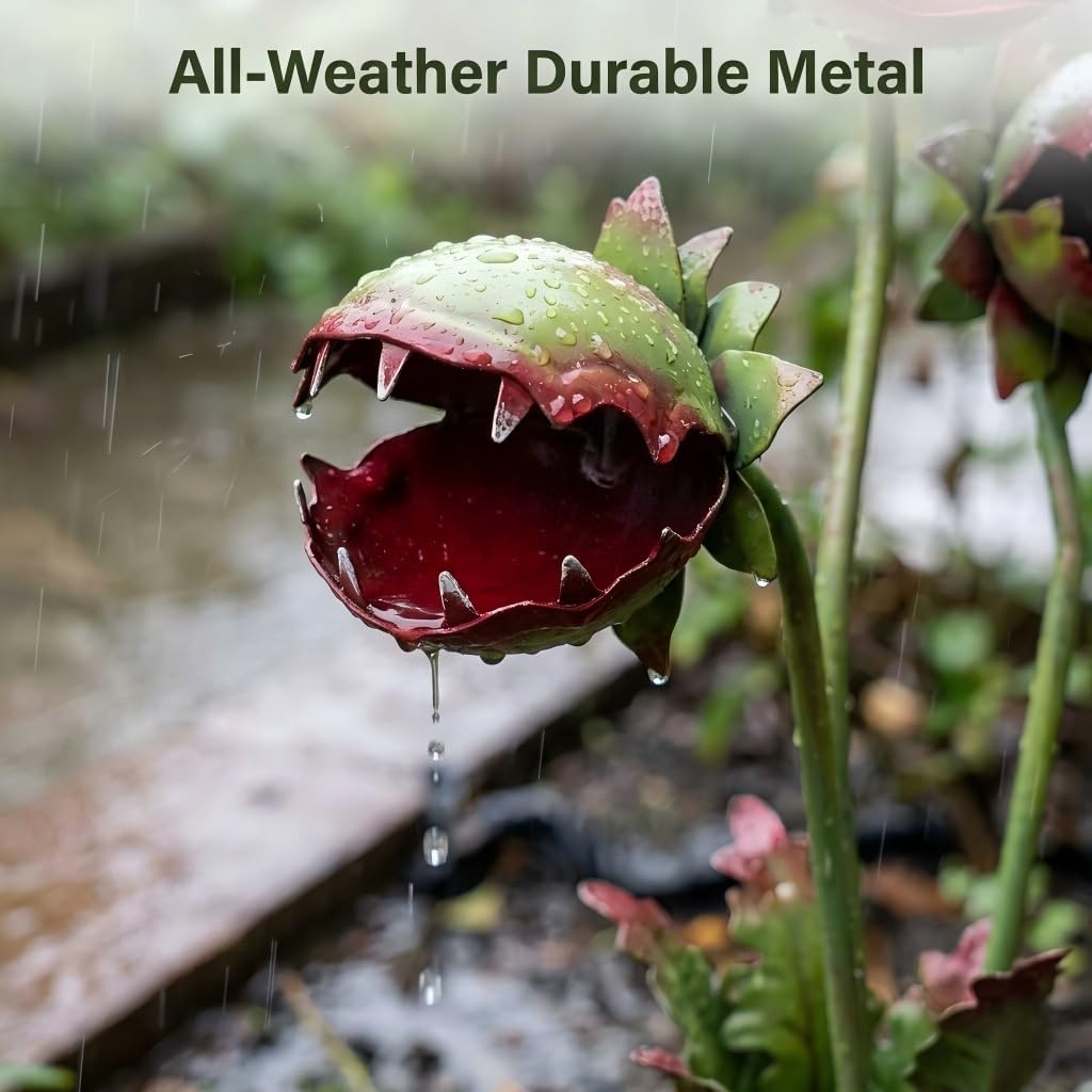 Lumen MLBJ Carnivorous Piranha Plant Metal Garden Stake Decor - Whimsical Handmade Iron Sculpture for Creepy Decorative Lawn, Unique Art Ornament for Gift