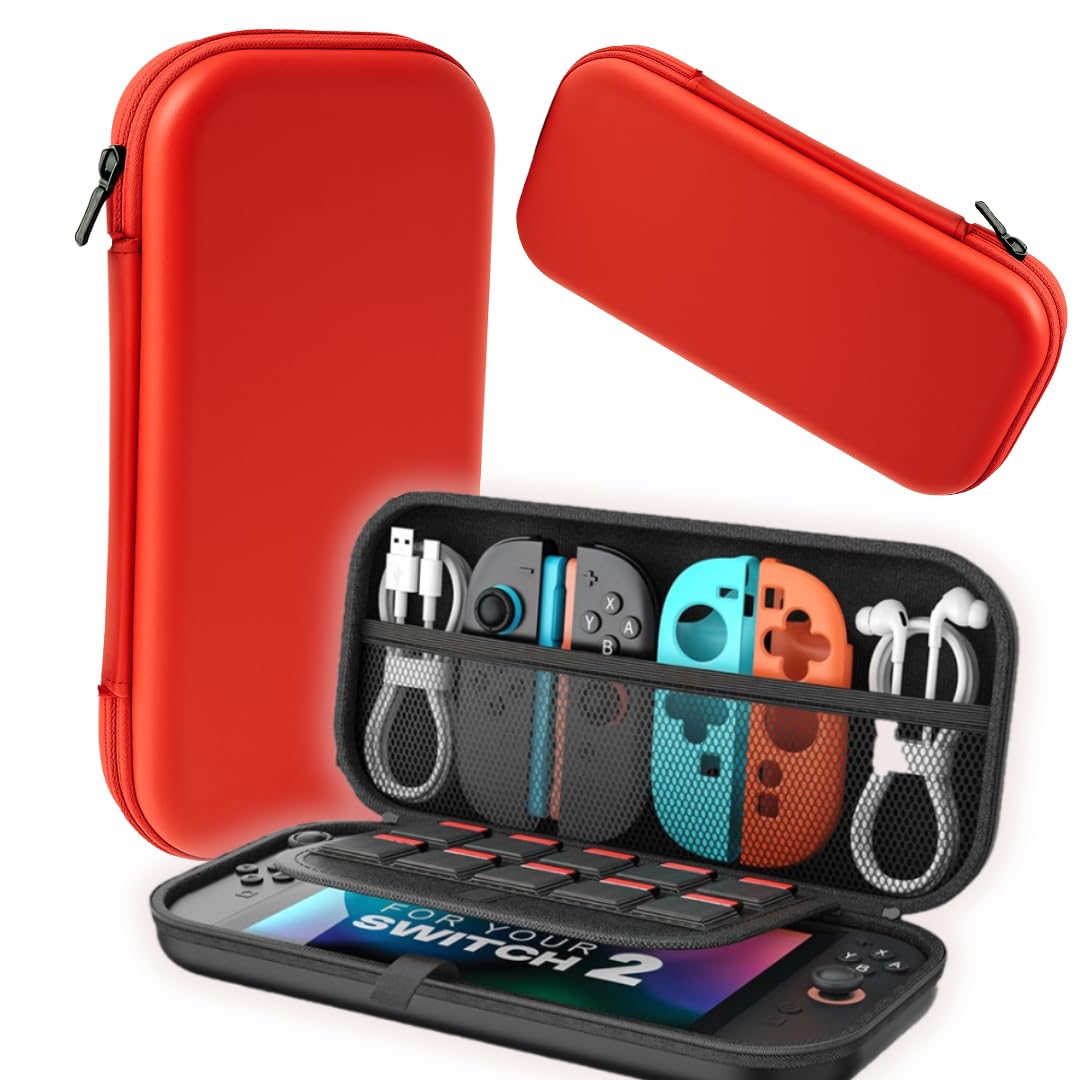 TMG Carrying Case for Nintendo Switch 2 (2025), Protective Hard Shell Travel Pouch with 10 Game Card Slots & Accessory Storage – Portable Shockproof EVA Case for Switch 2 Console & Accessories (Red)