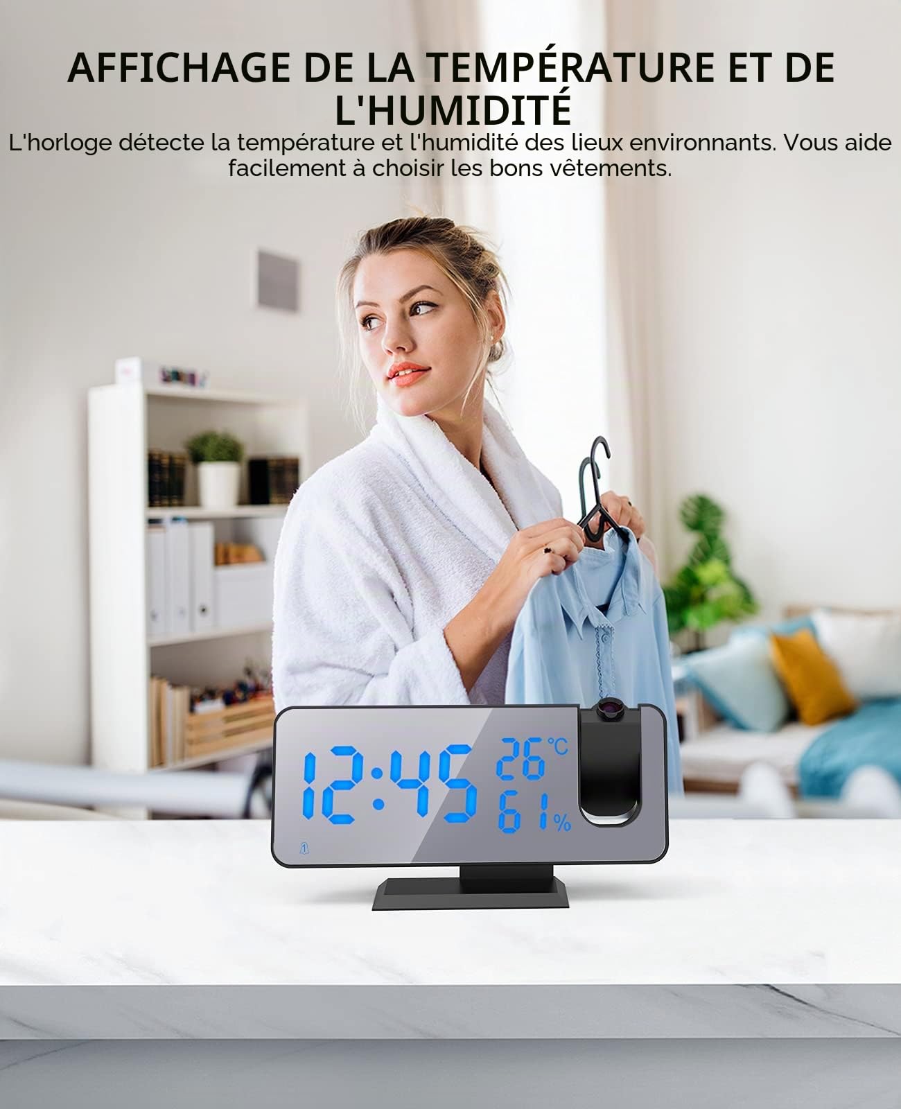 ShinePick Reveil Projecteur Plafond, FM Radio Reveil Projection 180°, Horloge Digitale Numérique avec 7' LED Écran Miroir, Port de USB, Double Alarme, Snooze, 4 Niveaux de Luminosité, 12/24H