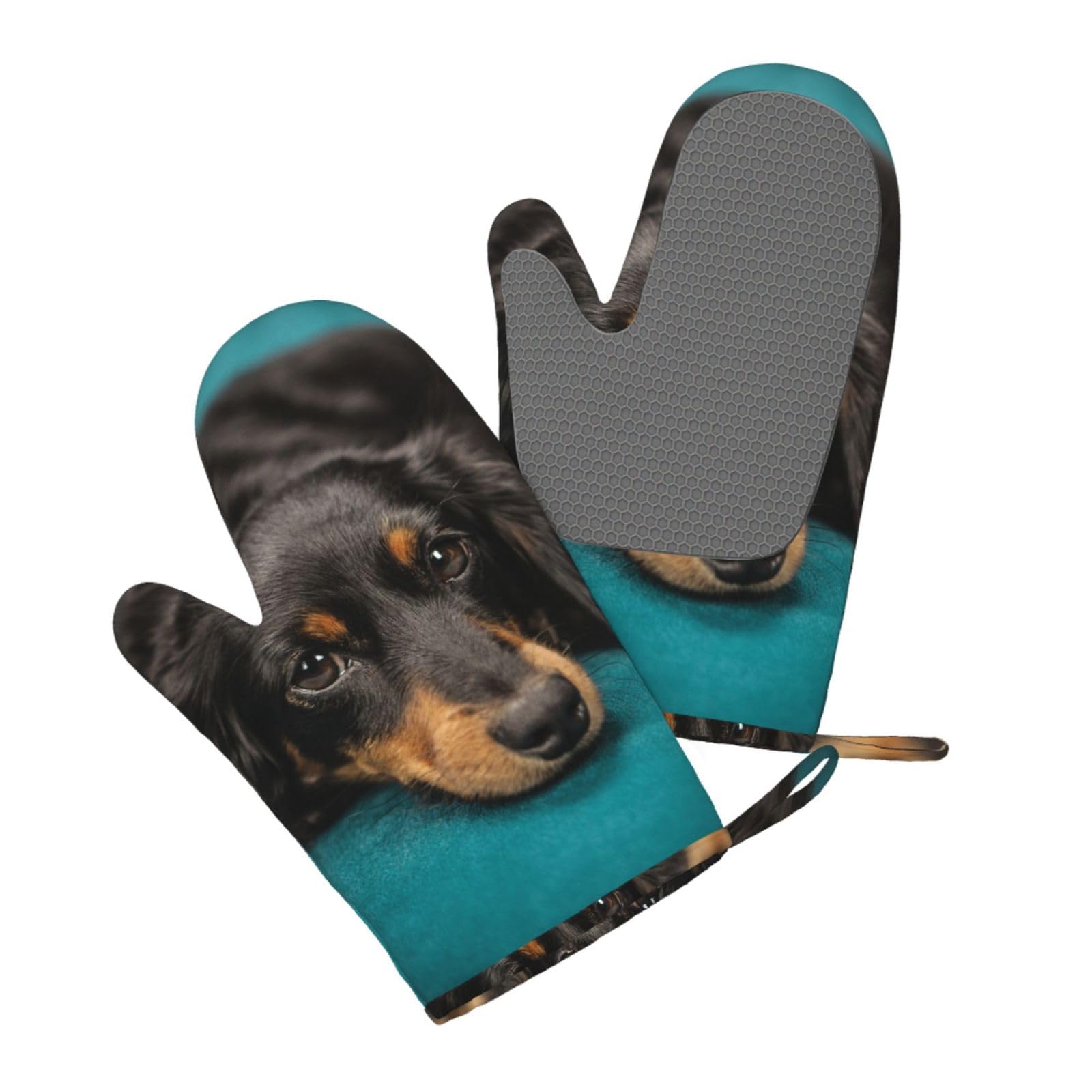 Silicone Oven Mitts Set 2PCS, Dachshund Dog Printed Heat Resistant Non-Slip Silicone Oven Gloves for Kitchen Cooking Baking Microwave