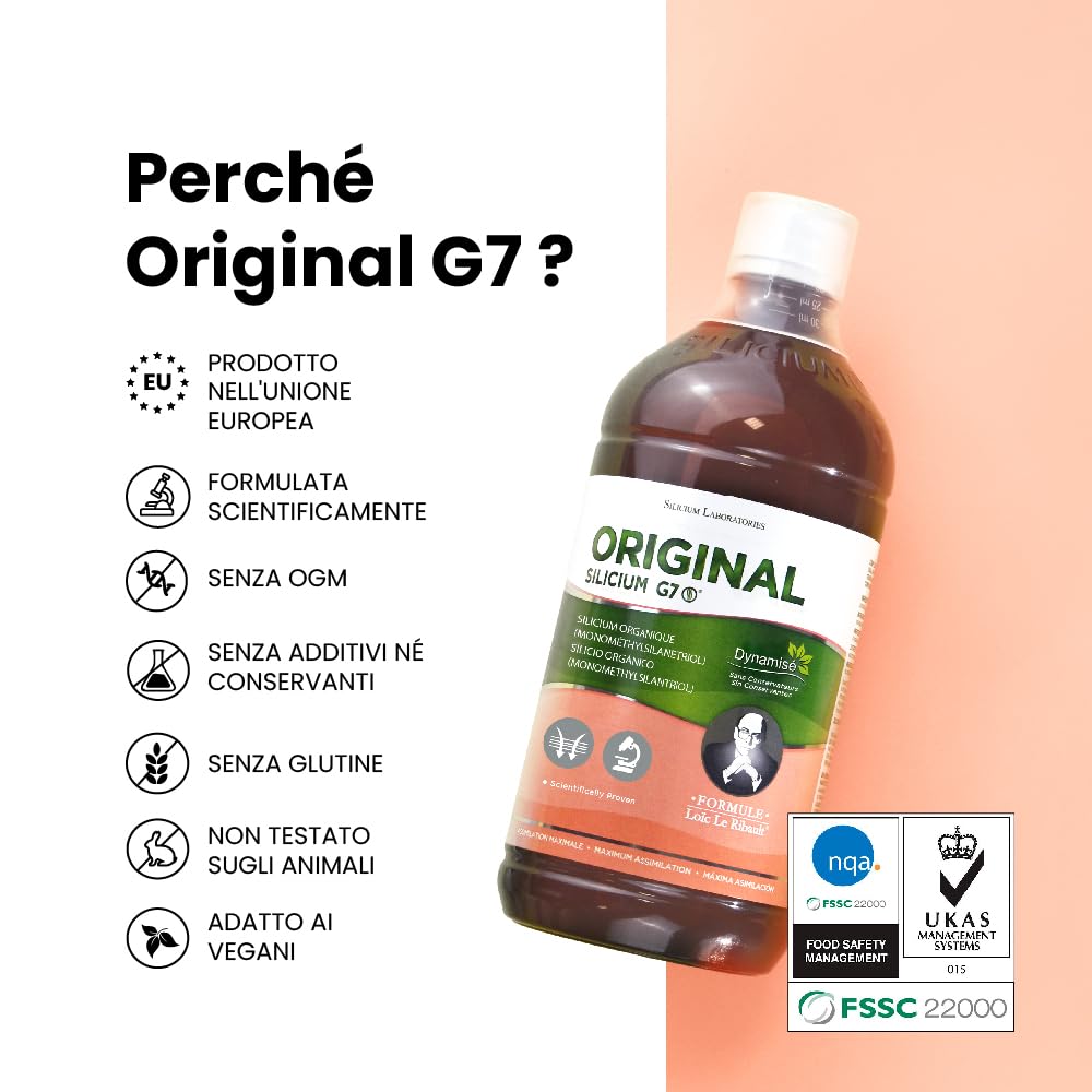 G7 originale. formula migliorata. Liquid Silicon supplemento Vegano che promuove la produzione di collagene. Si rafforza le ossa e le articolazioni e aumenta l'elasticità della pelle. 1000 ml.