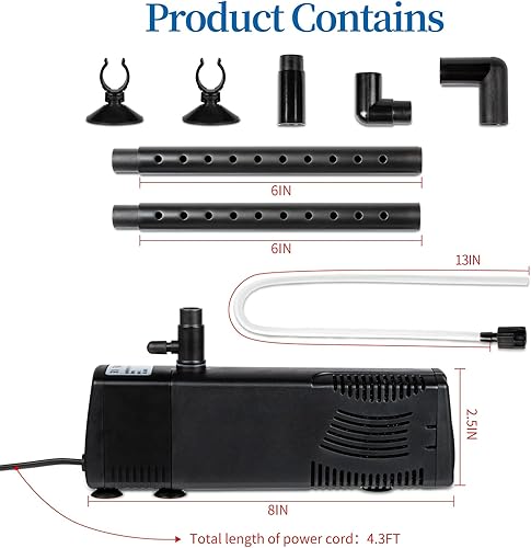 Miniatura 7 de TARARIUM Filtro de pecera para acuario pequeño, filtro interno para tanque de 20 a 55 galones, 160 GPH, filtro de pescado 3 en 1 con esponja de