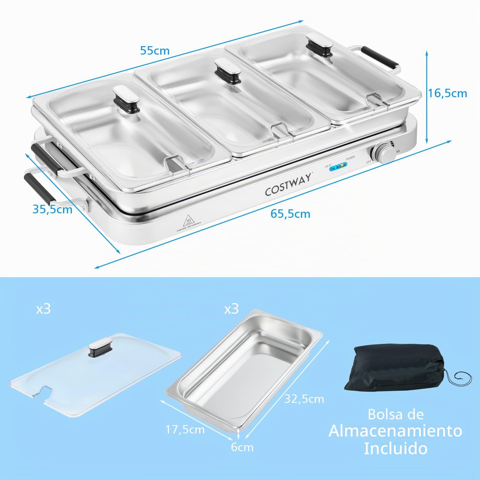 COSTWAY 2 en 1 Bandeja Eléctrica con Control de Temperatura, 450 W Calentador de Alimentos con 3 Bandejas para Servir, Bandeja Portátil de Acero Inoxidable, 9 L Servidor de Buffet