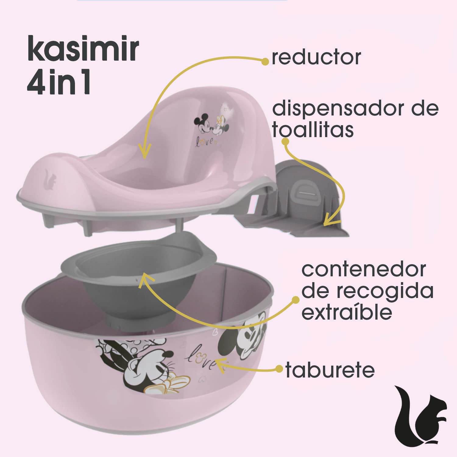 keeeper Orinal deluxe 4 en 1 Minnie, Orinal, Reductor, Taburete y Dispensador de toallitas, De 18 meses a 4 años aprox, Kasimir, Rosa