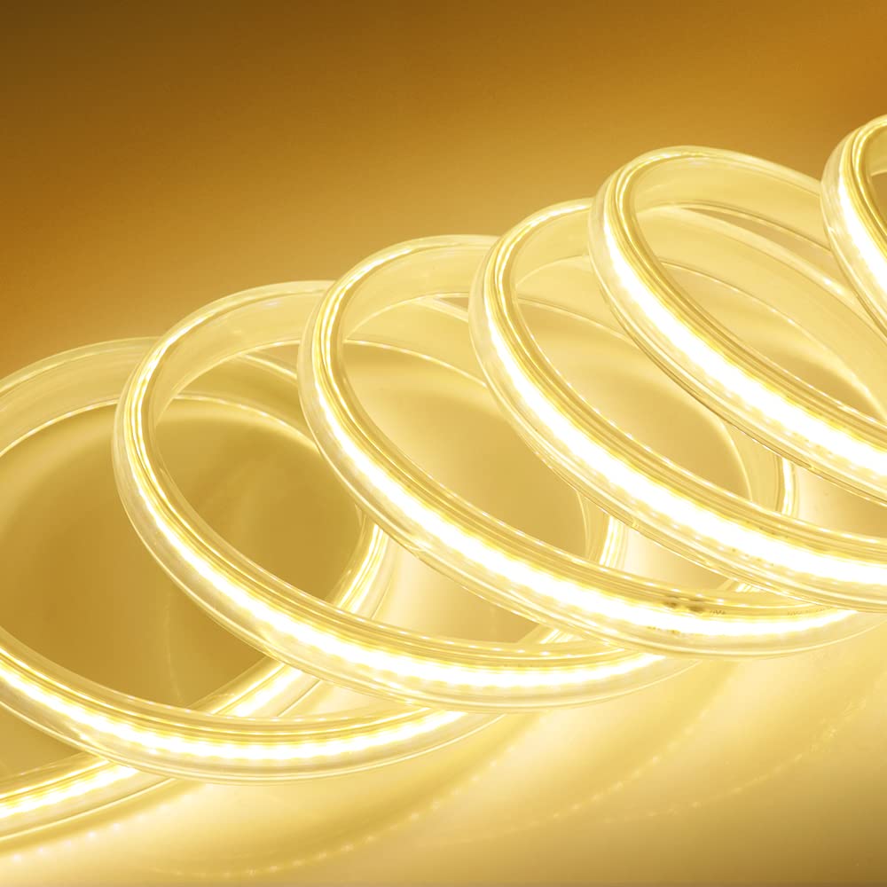 KISUFU DC 220V COB flexible LED bande lumineuse ip65 imperméable à l'eau super lumineux dimmable LED bande lumineuse haute luminosité 360 LED/M LED avec cordon d'alimentation. 10m, Blanc chaud.
