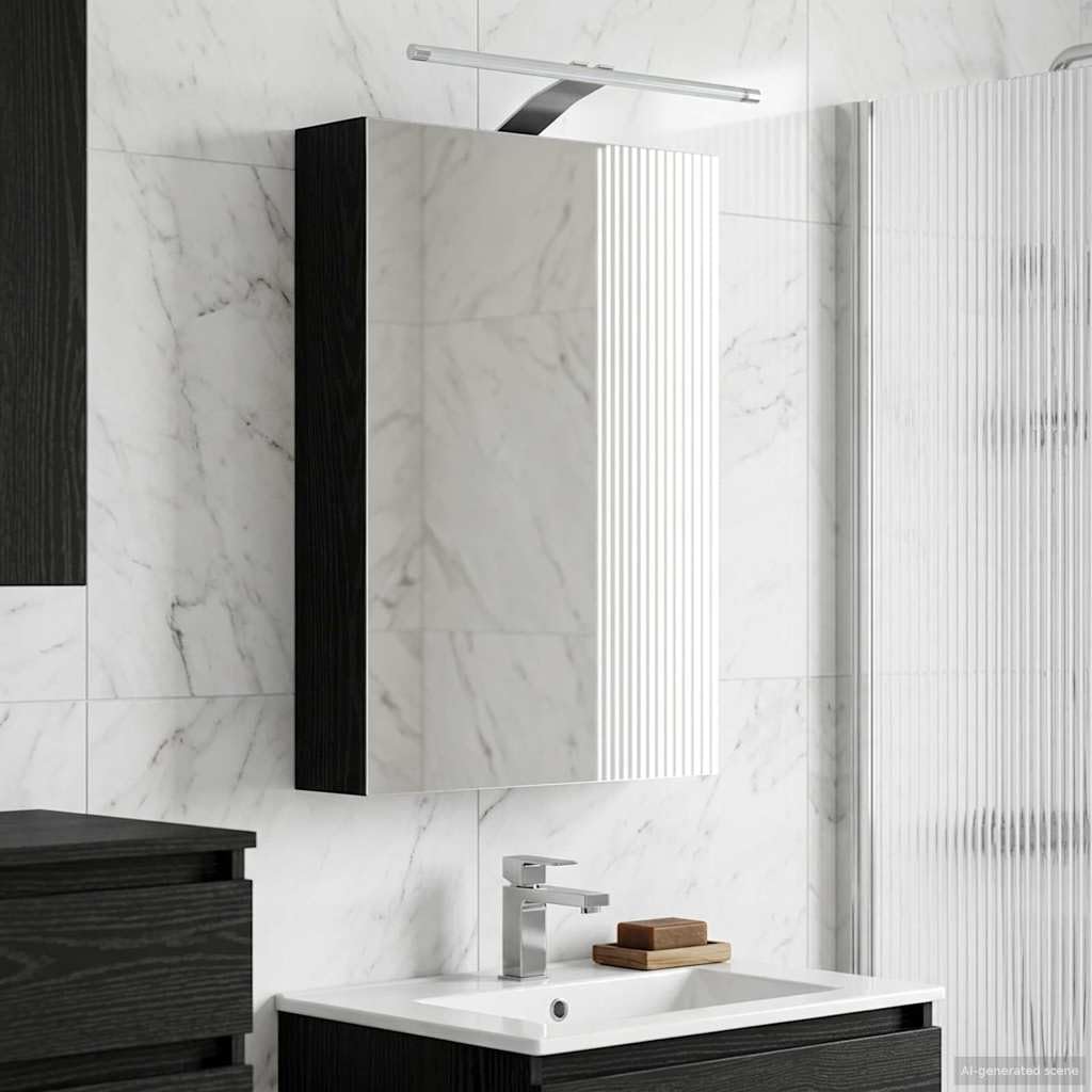 Mangloder Armadietto da bagno a specchio con mensola e anta, effetto rovere nero, 40 x 10,5 x 60,5 cm, con striscia LED, porta USB, montaggio a parete