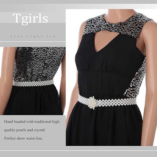 Miniatura 3 de Tgirls Cinturón de perlas para boda, banda elástica de cristal para mujer, cinturón de diamantes de imitación, cintura con cuentas blancas, S-2