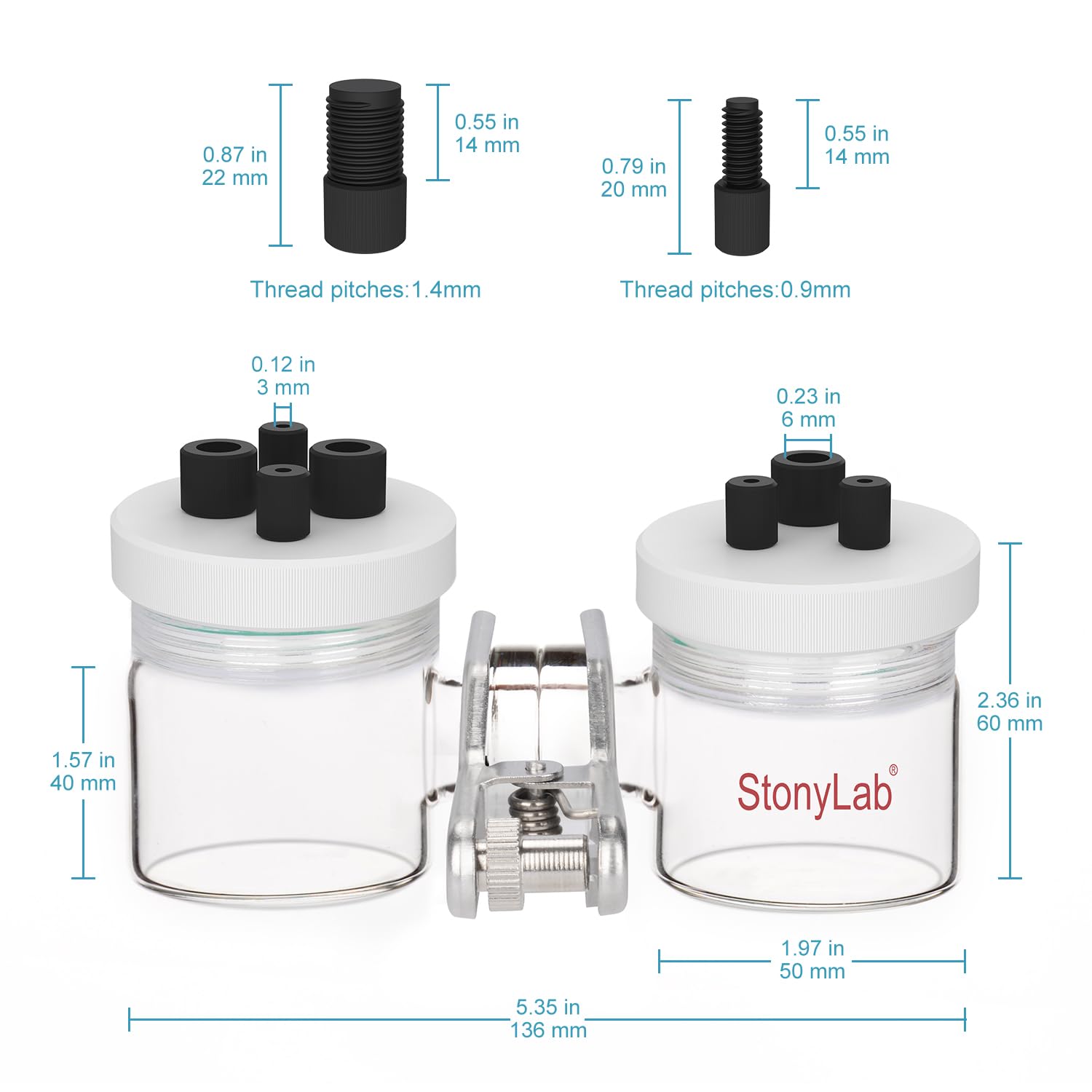 stonylab H-Typ Elektrolysezellen, Borosilikat Elektrochemische Zelle mit Doppelter Austauschbarer Ionenaustauschmembran Elektrolysezelle, Versiegelte Elektrochemische Zellen mit PTFE-Deckeln, 50 ml