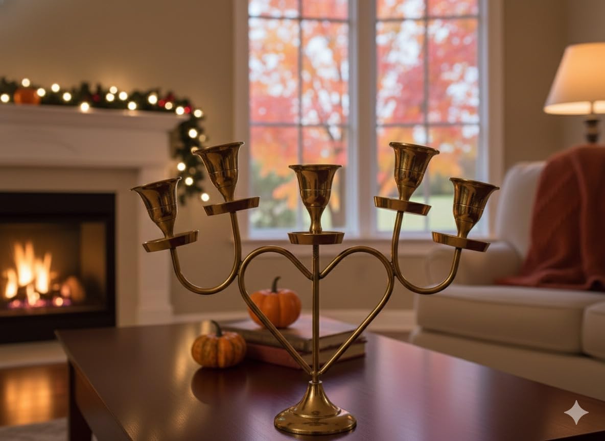 Mojo Jojo Premium Brass 5-Arm Candle Holder | Heart-Shaped Centerpiece | Gold Metal Decorative Candelabra for Home, Pooja Room, Weddings & Festive Decor 1
